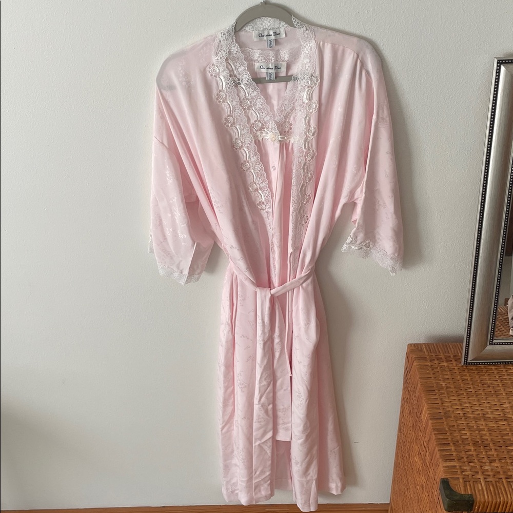 Christian Dior Saks Pink Lace Nightgown & Robe Set vintage